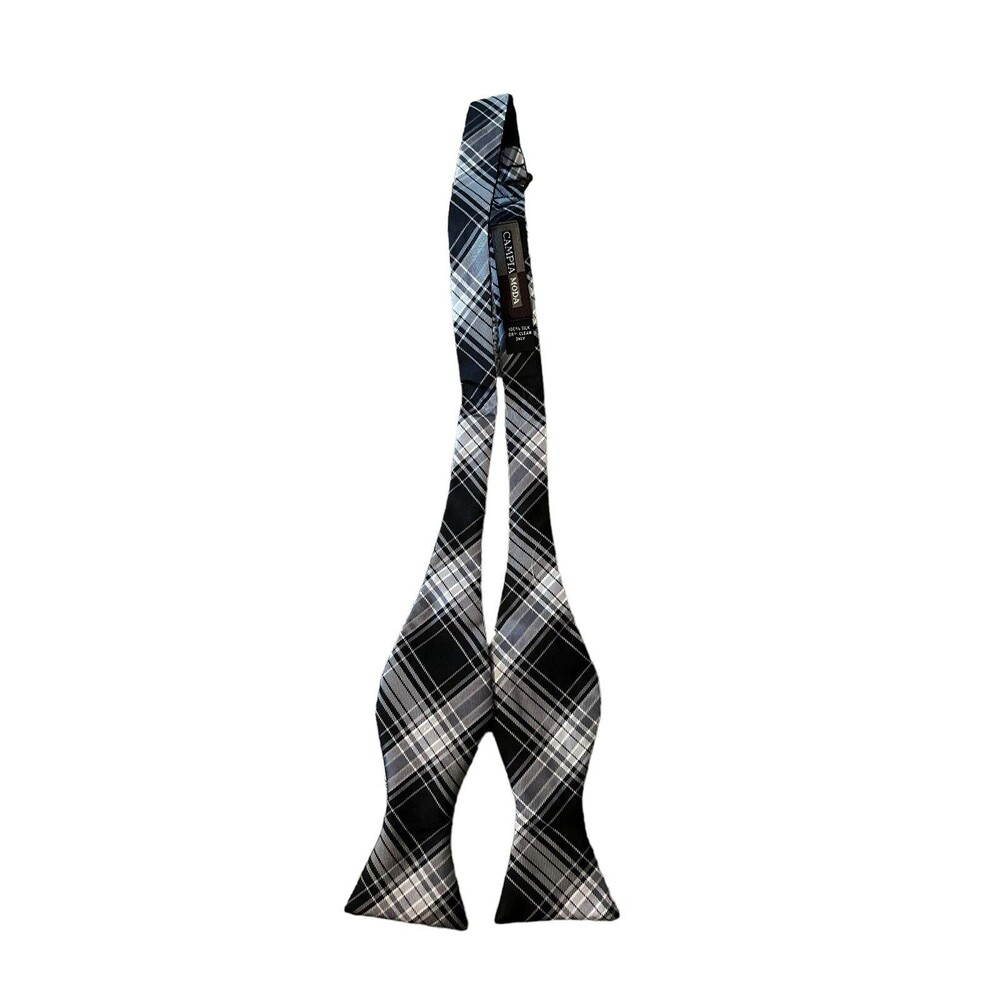 Campia Moda Mens Silk Self Tie Bowtie Black White Gray Plaid Tartan Adjustable